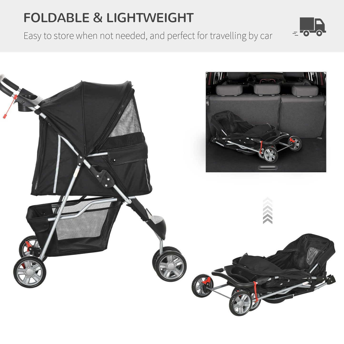 عربة أطفال PawHut Pet Travel Stroller مع غطاء للمطر، وعربة أطفال قابلة للطي بثلاث عجلات للقطط والكلاب مع سلة تخزين وحامل أكواب للكلاب الصغيرة (أسود)