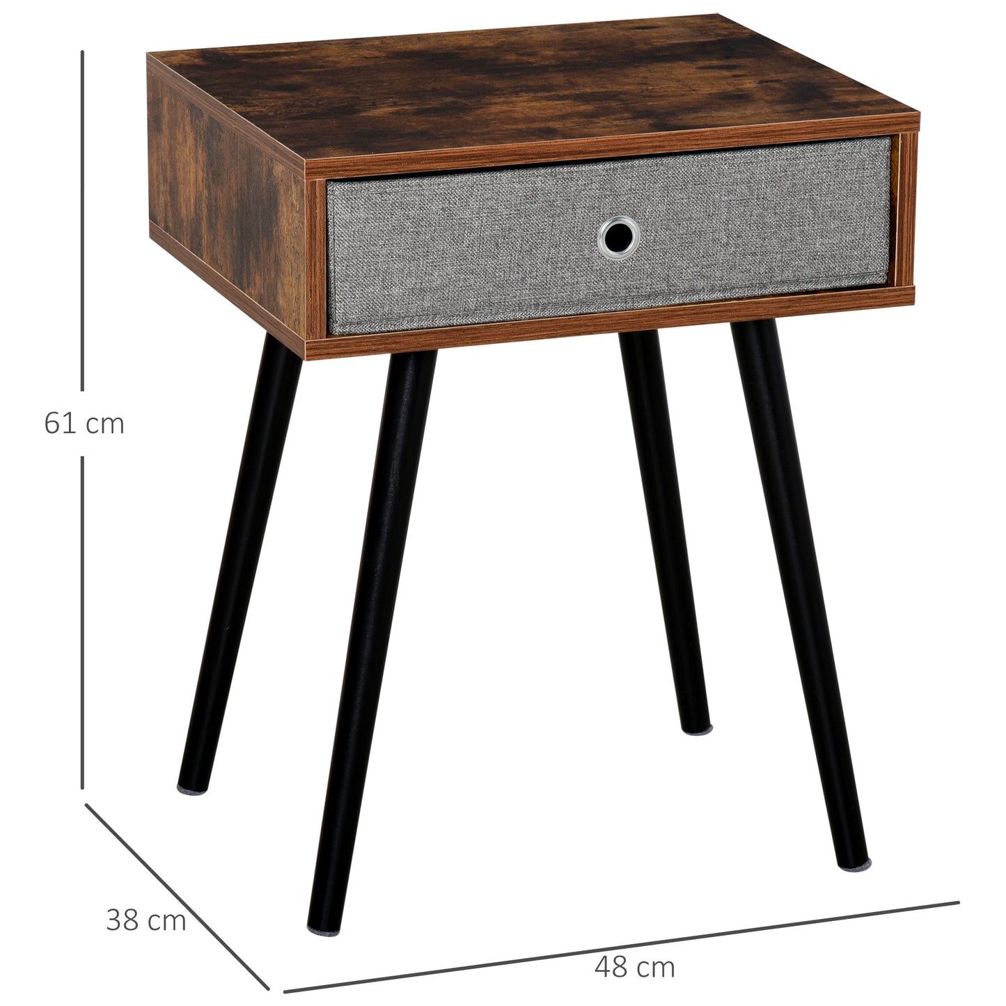 Retro Style Side Table, Nightstand, End Table with Removable Fabric Drawer, Accent Furniture with Wooden Legs, Rustic Brown and Black