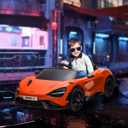 سيارة كهربائية للأطفال مرخصة من AIYAPLAY McLaren 765LT بقوة 12 فولت مع أبواب على شكل فراشة وعجلات نقل تعمل بالتحكم عن بعد باللون البرتقالي