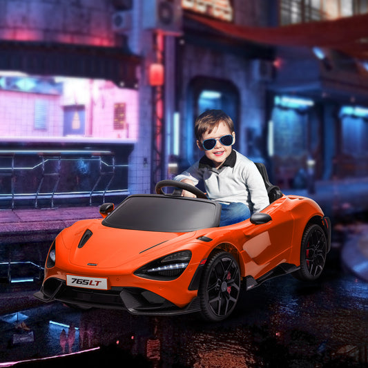 سيارة كهربائية للأطفال مرخصة من AIYAPLAY McLaren 765LT بقوة 12 فولت مع أبواب على شكل فراشة وعجلات نقل تعمل بالتحكم عن بعد باللون البرتقالي