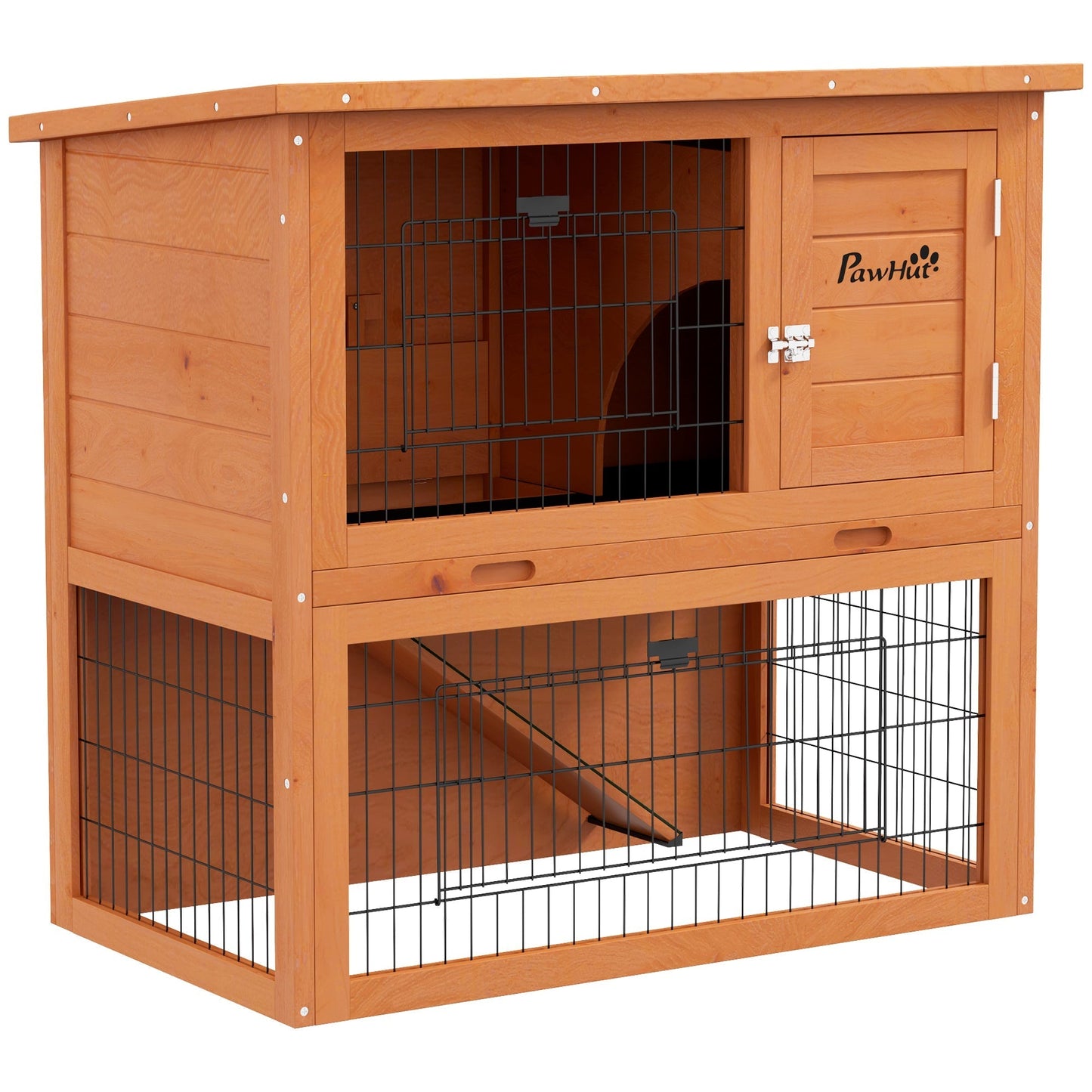 PawHut Two-Tier Antiseptic Wood Rabbit Hutch, 80cm Guinea Pig Hutch with Run - Orange