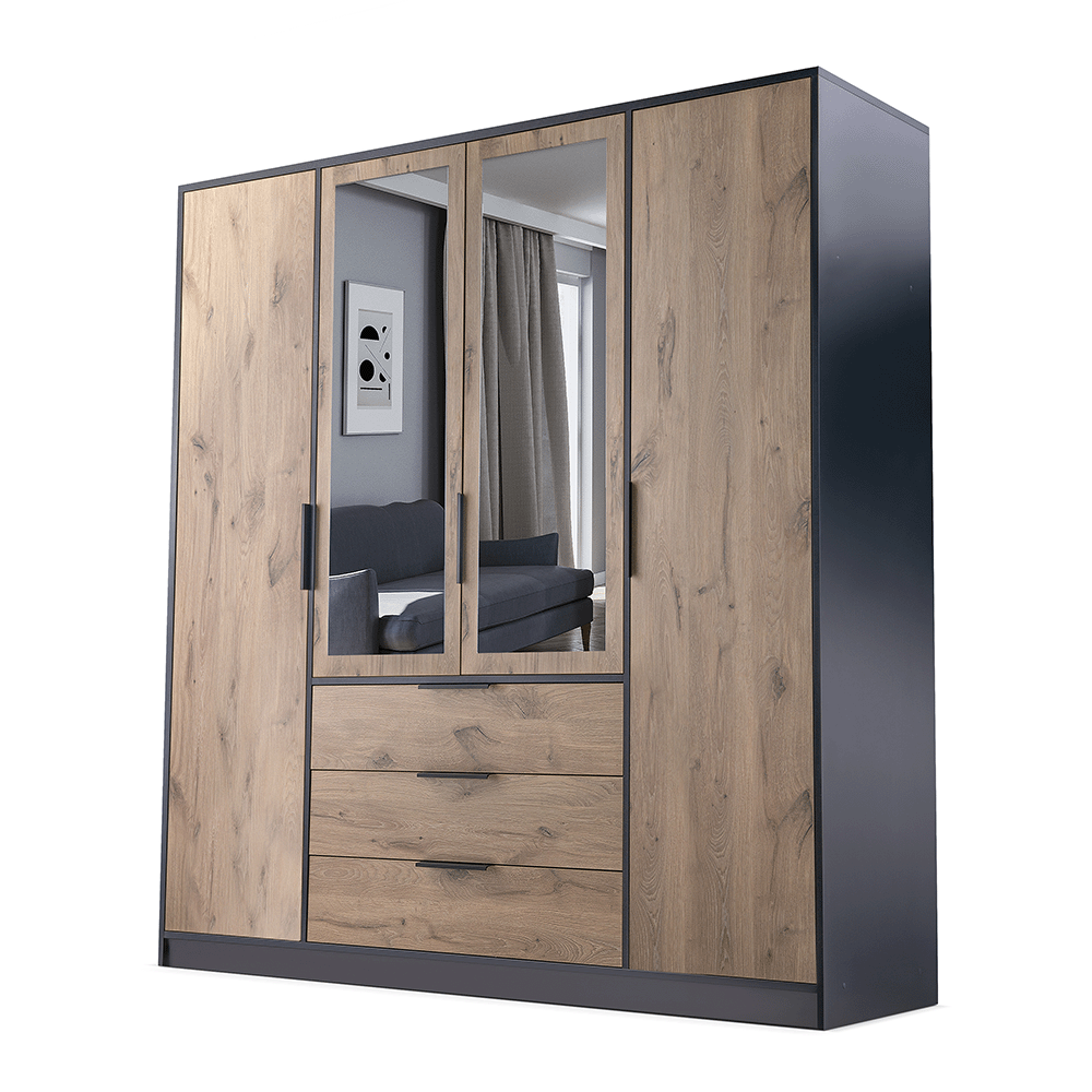 Oak Viking Mirrored Hinged Door Wardrobe 196cm – YORK D4