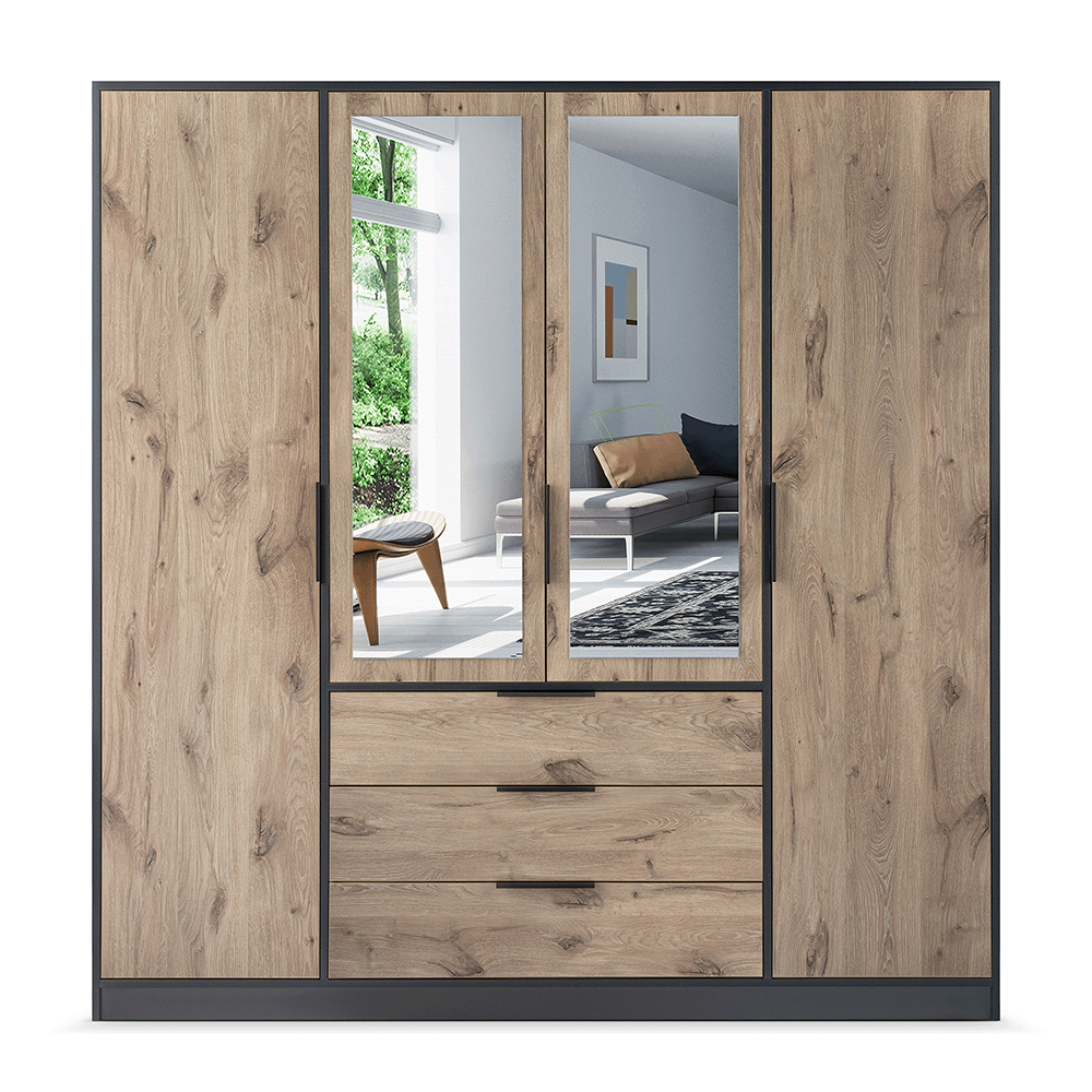 Oak Viking Mirrored Hinged Door Wardrobe 196cm – YORK D4