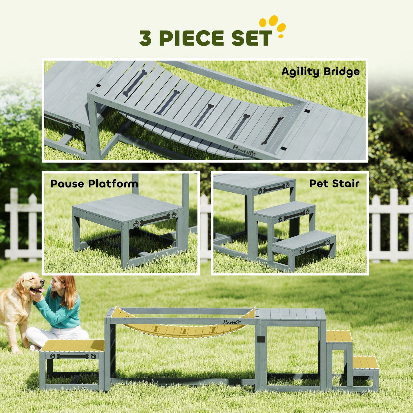 PawHut 3 Pieces Wooden Dog Agility Training Equipment with Soft Bridge, Pause Platform and Pet Stair for Outdoor, Grey