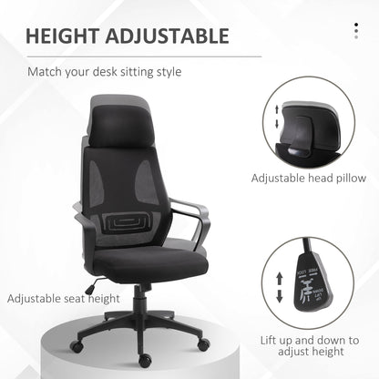 Vinsetto High Back Office Chair with Headrest, Adjustable Height, Mesh Material for Office Use, Black