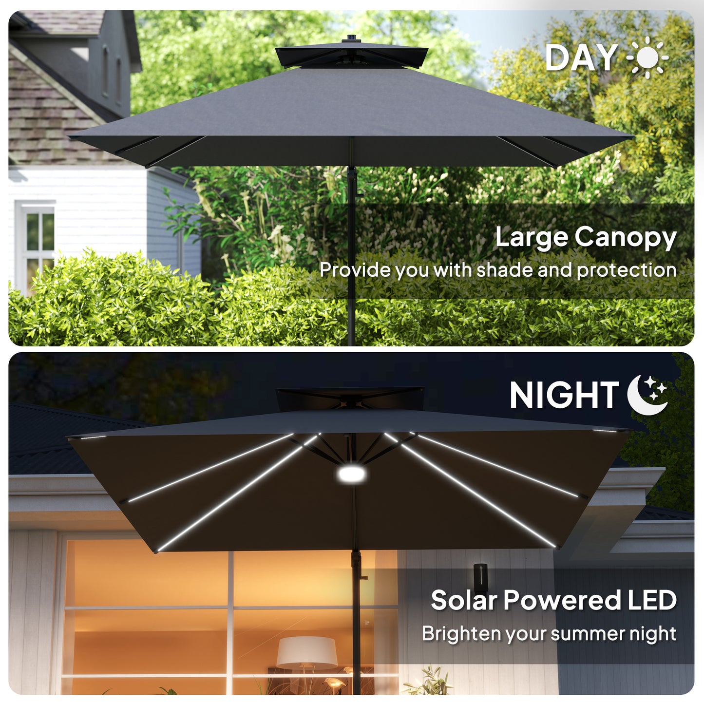 Outsunny 2,5 m parasol wspornikowy z lampami LED zasilanymi energią słoneczną, obrót 360√Ç¬∞, regulacja nachylenia, korba, ciemnoszary