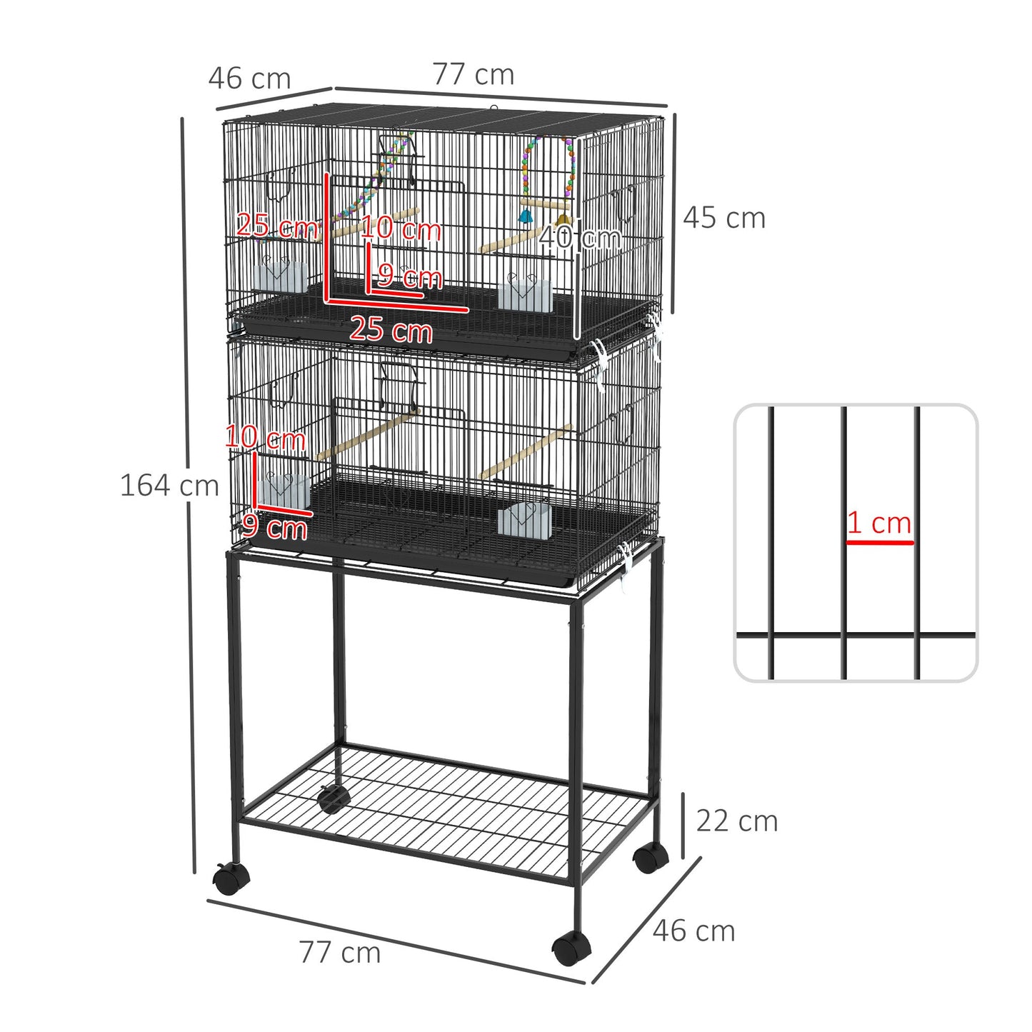 PawHut Two-Tier Bird Cage on Wheels, with Stand, for Small Birds