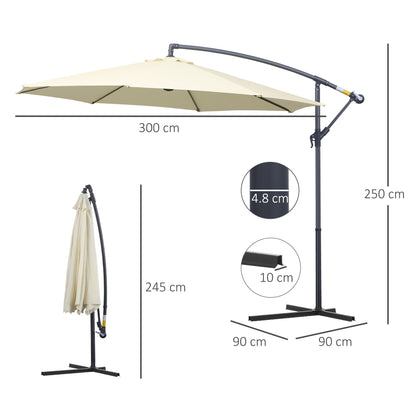 Outsunny 3(m) Garden Cantilever Parasol Patio Banana Hanging Umbrella Sun Shade with Crank & Tilt, 8 Ribs and Cross Base, Cream White