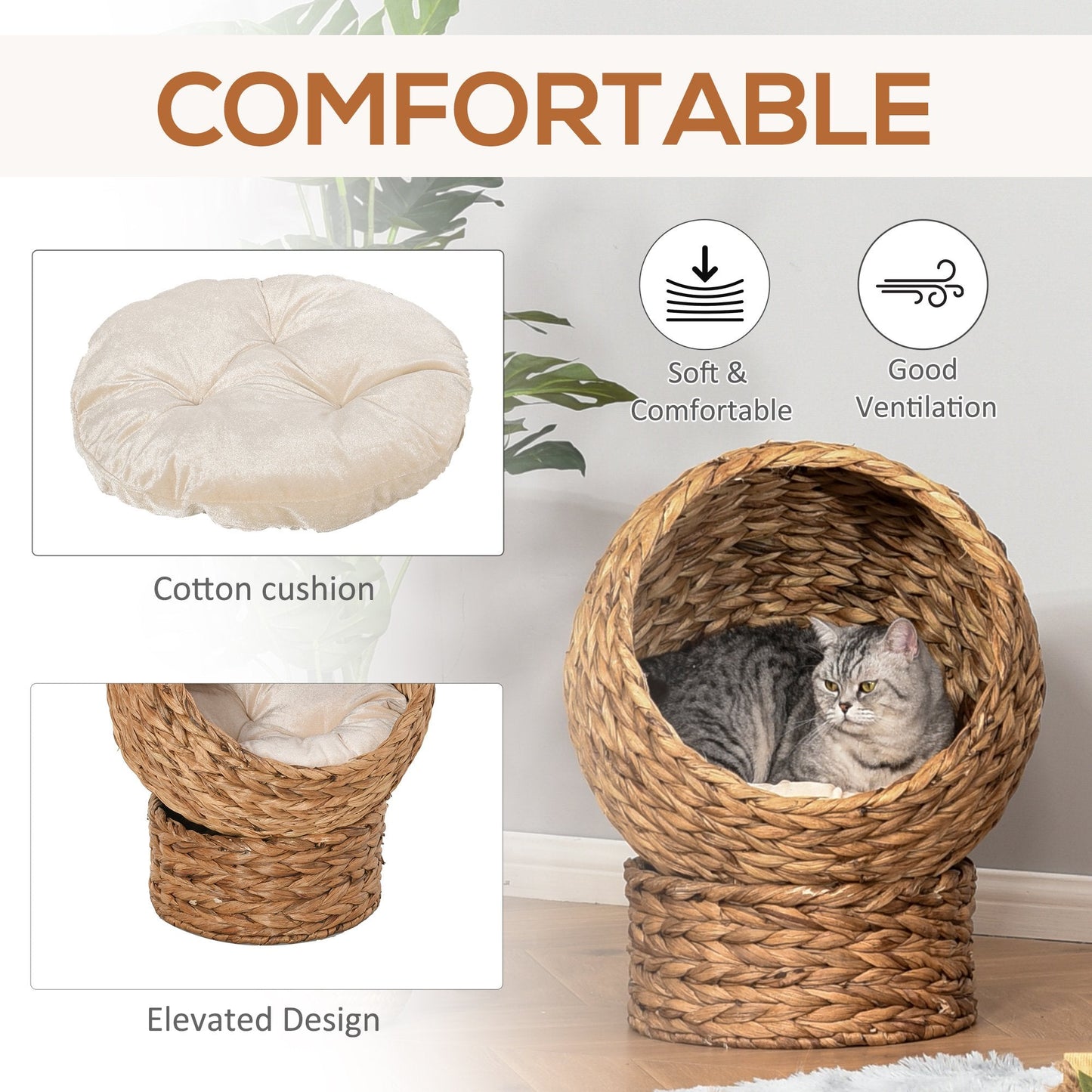 PawHut Banana Leaf Cat Bed Natural Materials Woven Elevated Basket w/ Cushion, Brown