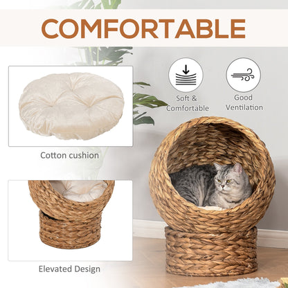 PawHut Banana Leaf Cat Bed Natural Materials Woven Elevated Basket w/ Cushion, Brown