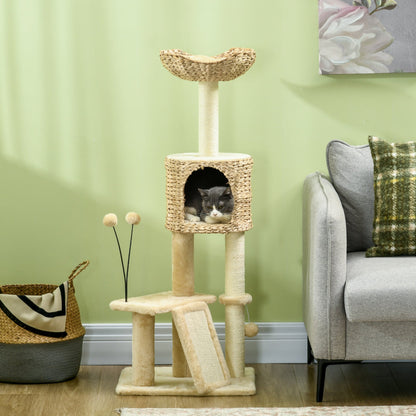 PawHut Cat Tree Tower with Scratching Post, Cat House, Bed, Toy Ball, Platform - Beige