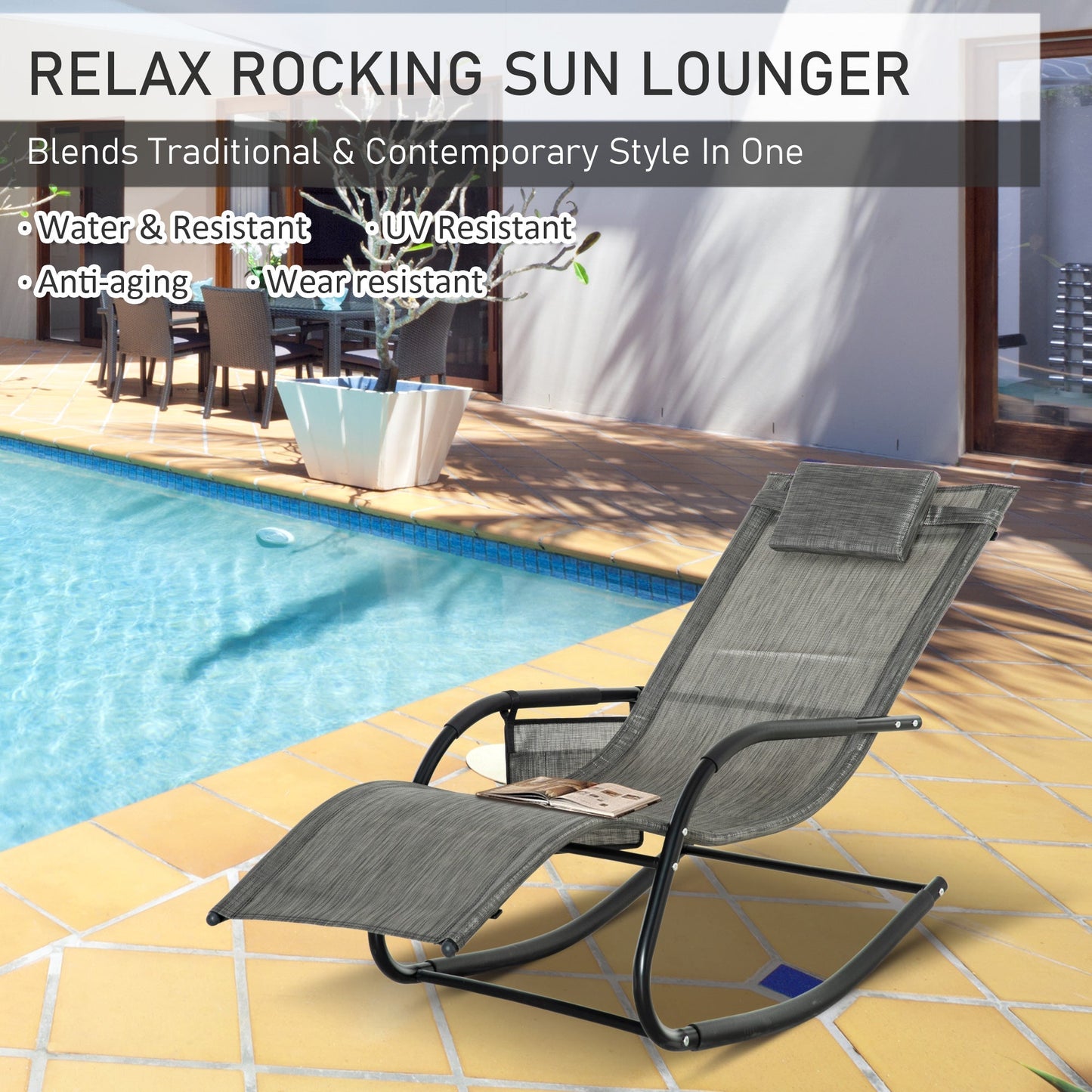 2 Piece Outdoor Garden Rocking Chair, Patio Sun Lounger Rocker With Breathable Mesh, Removable Headrest Pillow, Side Storage - Dark Grey