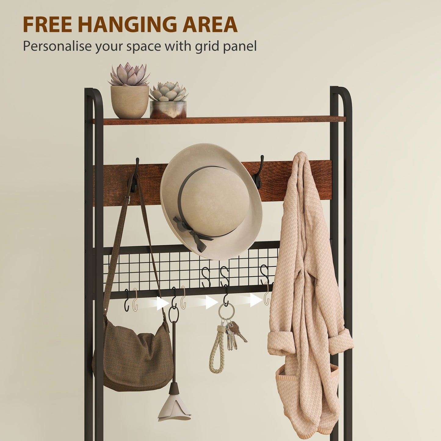HOMCOM 5-In-1 Industrial-Style Hallway Tree - Brown/Black
