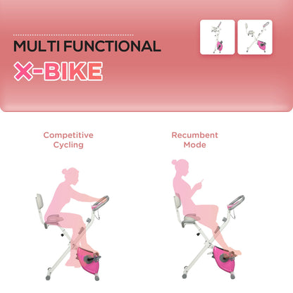 HOMCOM Folding Exercise Bike, with Adjustable Magnetic Resistance, Seat Height - White and Pink