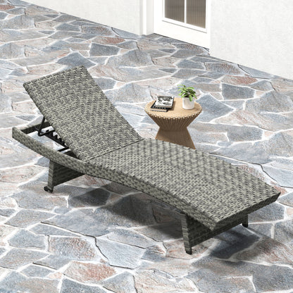 Outsunny Outdoor PE Rattan Leżak, składany wiklinowy leżak ogrodowy z oparciem regulowanym na 4 poziomach, rolowany leżak z kółkami, antypoślizgowe nogi na balkon, plaża, mieszany szary