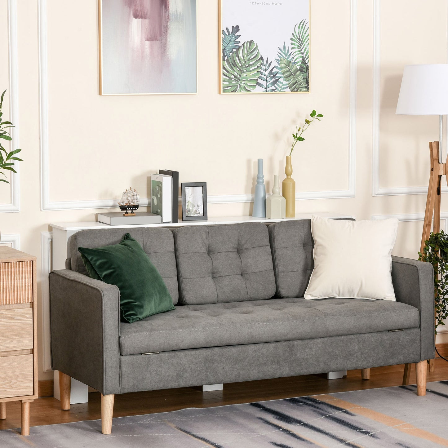 HOMCOM Nowoczesna 3-osobowa sofa z ukrytym schowkiem, 169 cm pikowana bawełniana kanapa z drewnianymi nogami, kompaktowa sofa do salonu, szara