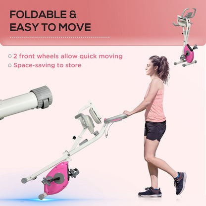 Folding Exercise Bike, Magnetic Resistance Indoor Stationary Upright Fitness Bike W/ Backrest Tablet Holder, 5 Level Adjustable Seat Height, White