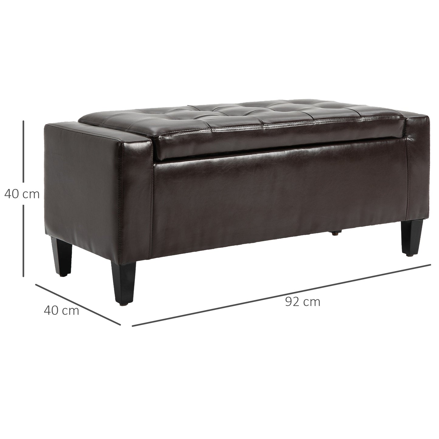 HOMCOM PU Skórzana ławka ze schowkiem, pufa, pikowana pufa w kształcie kostki z odchylanym blatem, 92L x 40W x 40H cm, brązowa
