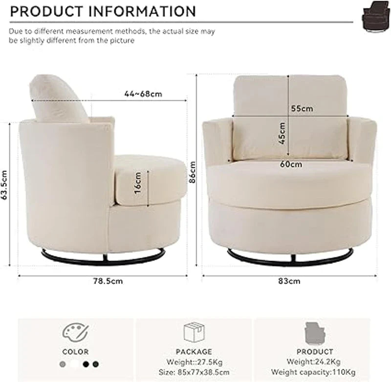 Teddy Swivel Recliner with Back Cushion, Thick Foam Pad, 360° Swivel, 78.5x83x86 cm, White