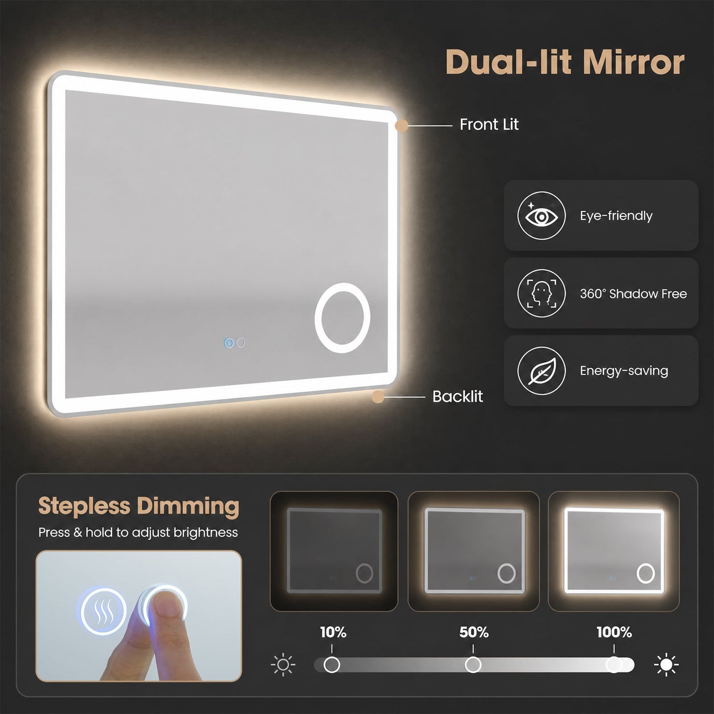 LED Bathroom Mirror with Anti-Fog and 3X Magnification Hardwired