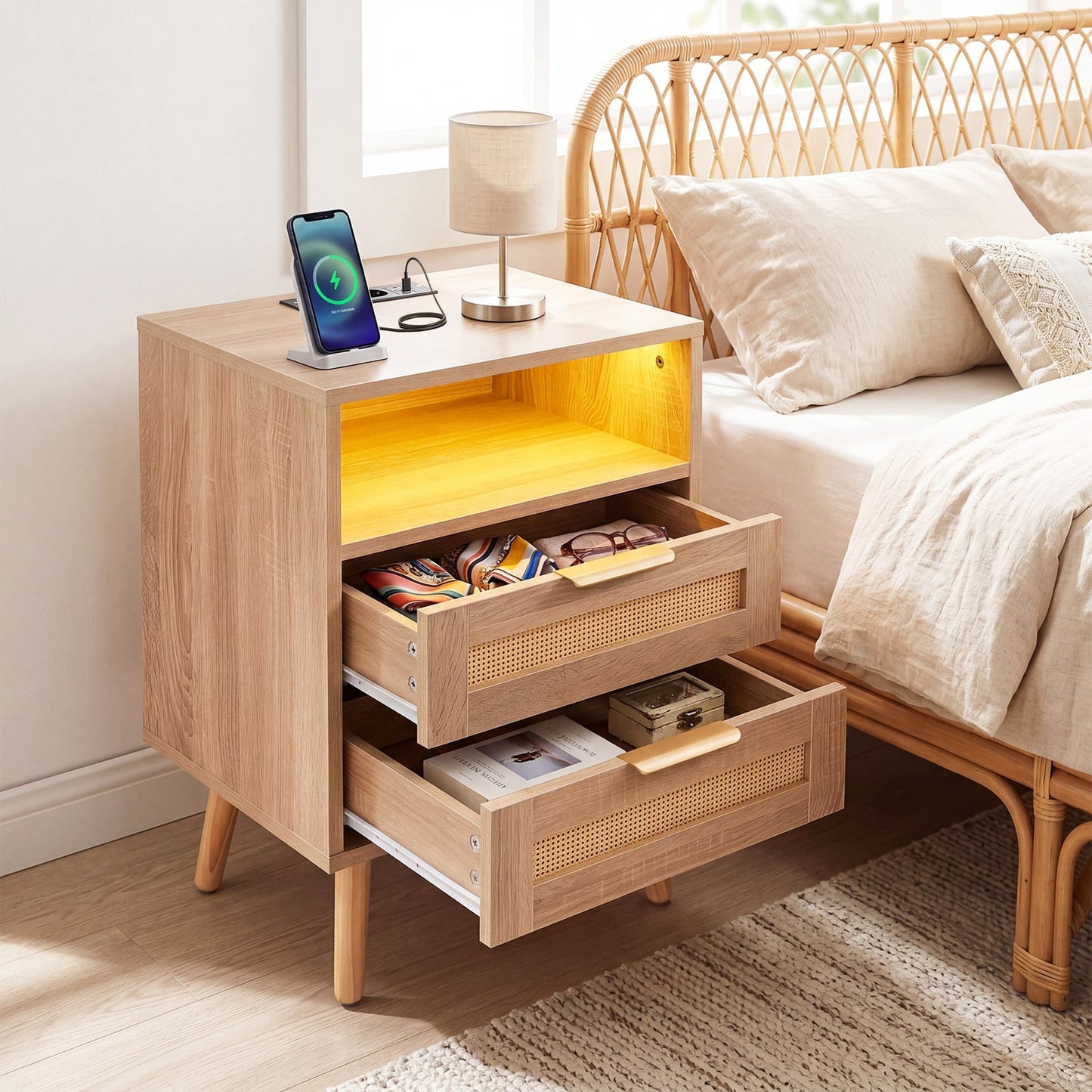 LED Lights Rattan Bedside Table with Charging Station 2 Drawers and Open Storage-Oak
