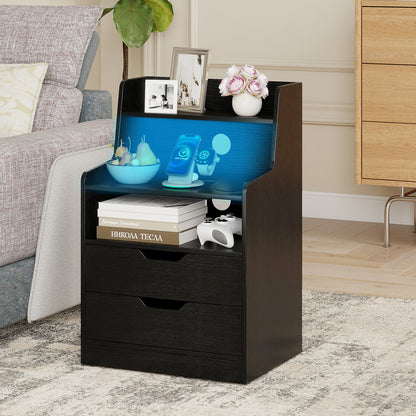LED Nightstand with Charging Station 2-Drawer Bedside Table with Open Shelf Set of 2-Black