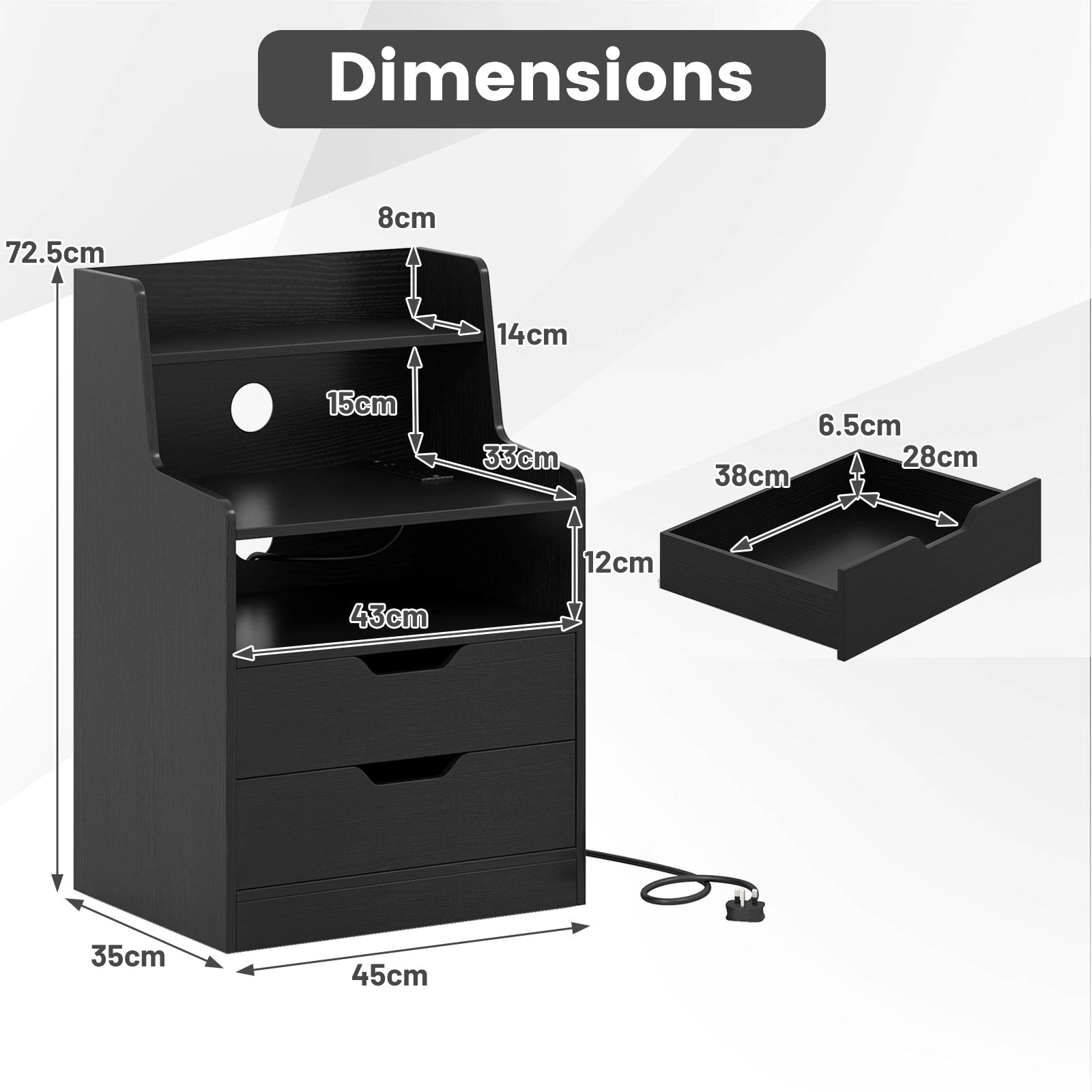 LED Nightstand with Charging Station 2-Drawer Bedside Table with Open Shelf Set of 2-Black