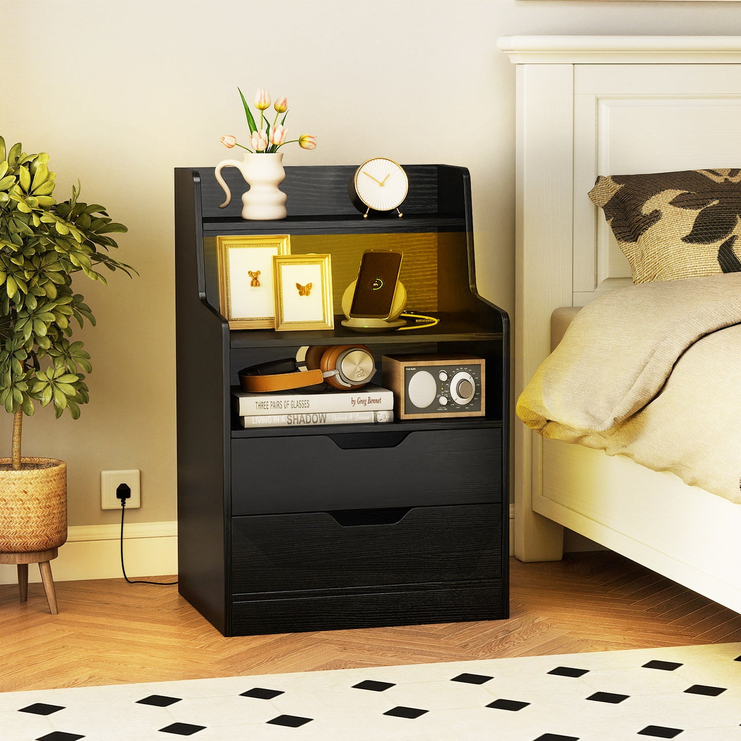 LED Nightstand with Charging Station 2-Drawer Bedside Table with Open Shelf Set of 2-Black