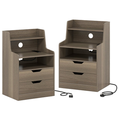 LED Nightstand with Charging Station 2-Drawer Bedside Table with Open Shelf Set of 2-Grey