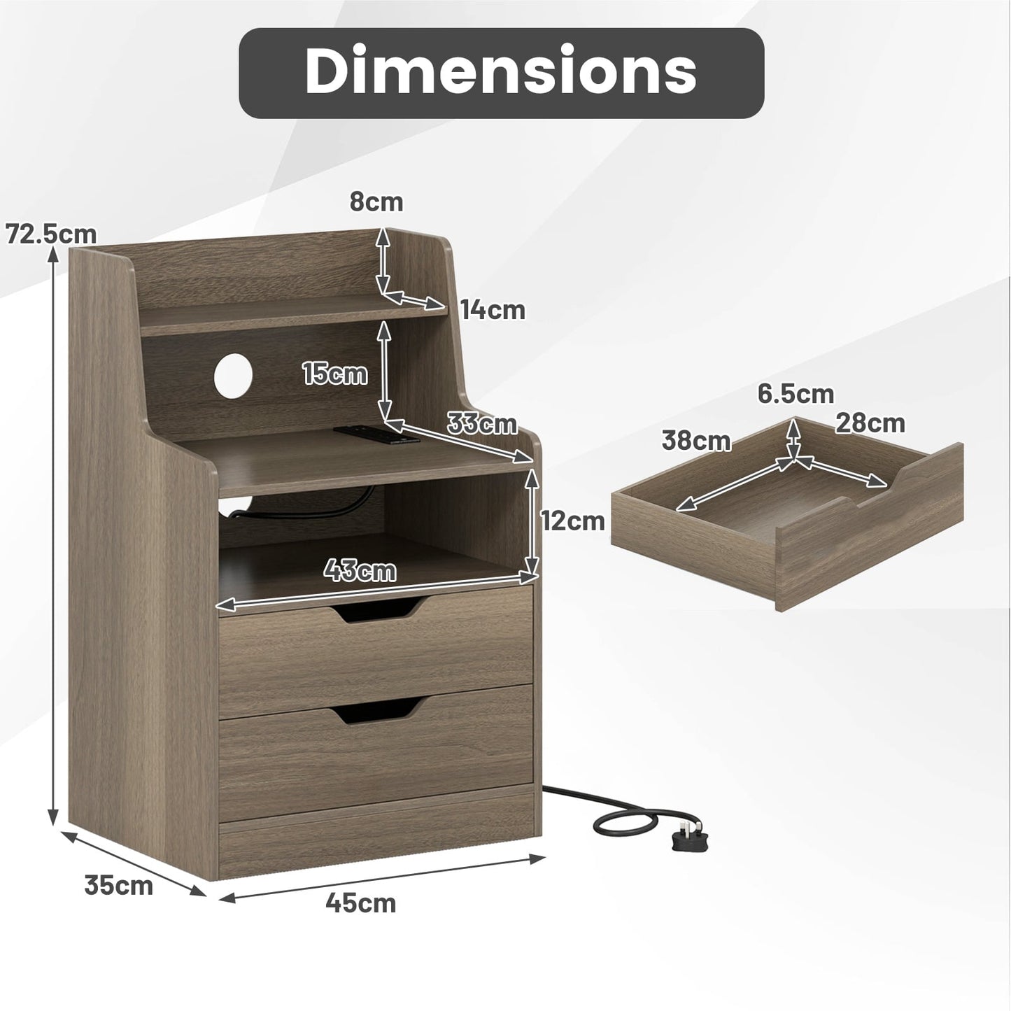 LED Nightstand with Charging Station 2-Drawer Bedside Table with Open Shelf Set of 2-Grey