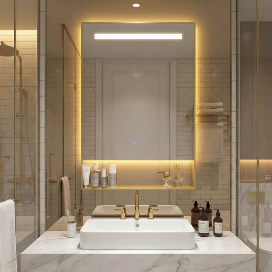 LED Bathroom Mirror with Shelf Aluminum Framed Right-angled Shape-Golden