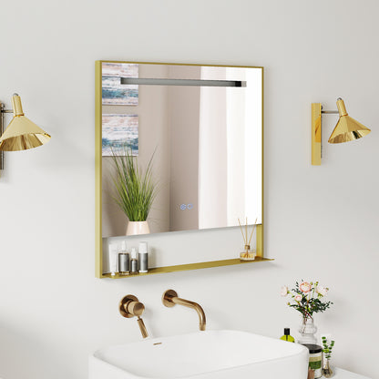 LED Bathroom Mirror with Shelf Aluminum Framed Right-angled Shape-Golden