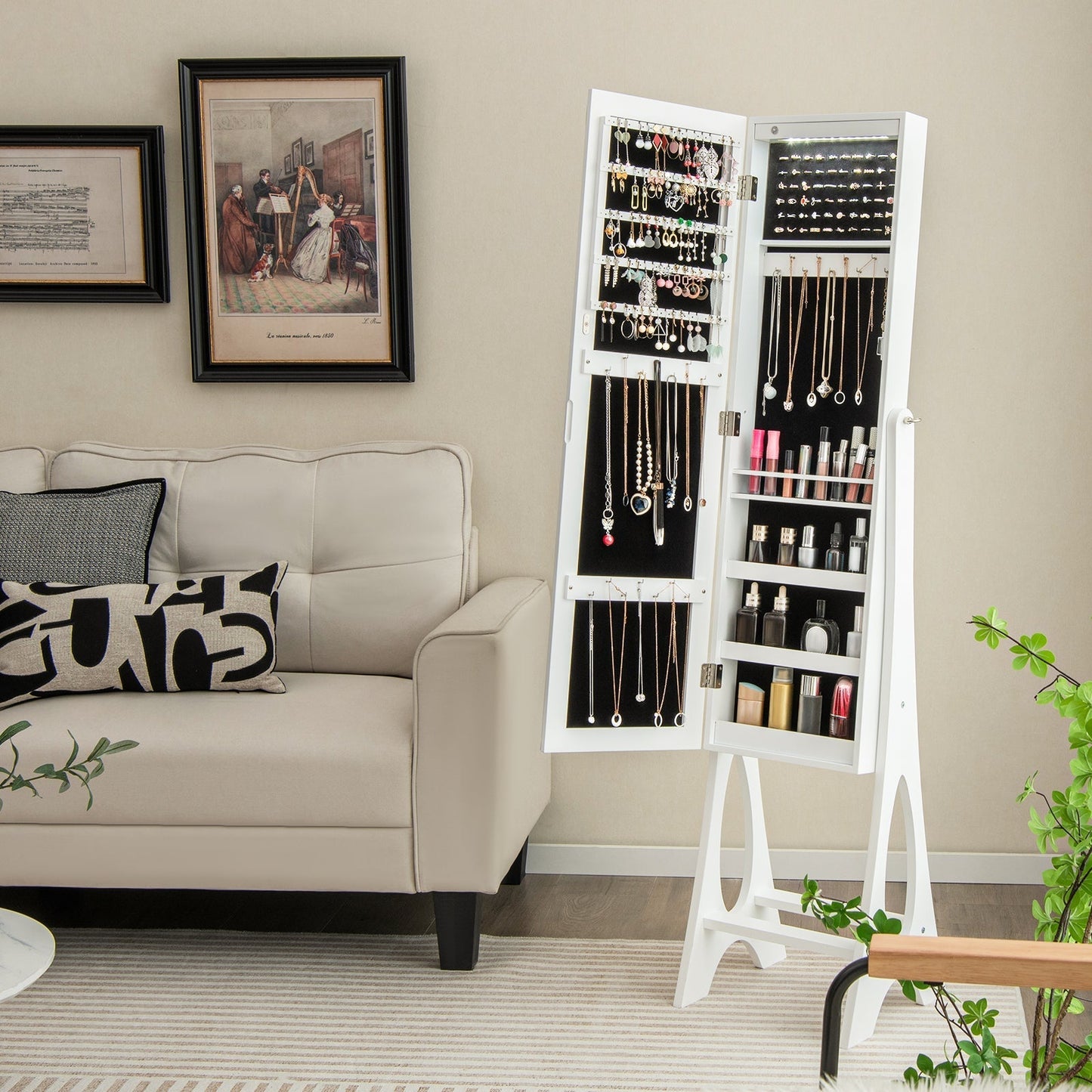 Freestanding Jewelry Cabinet Armoire Organizer with Bevel Edge Mirror-White