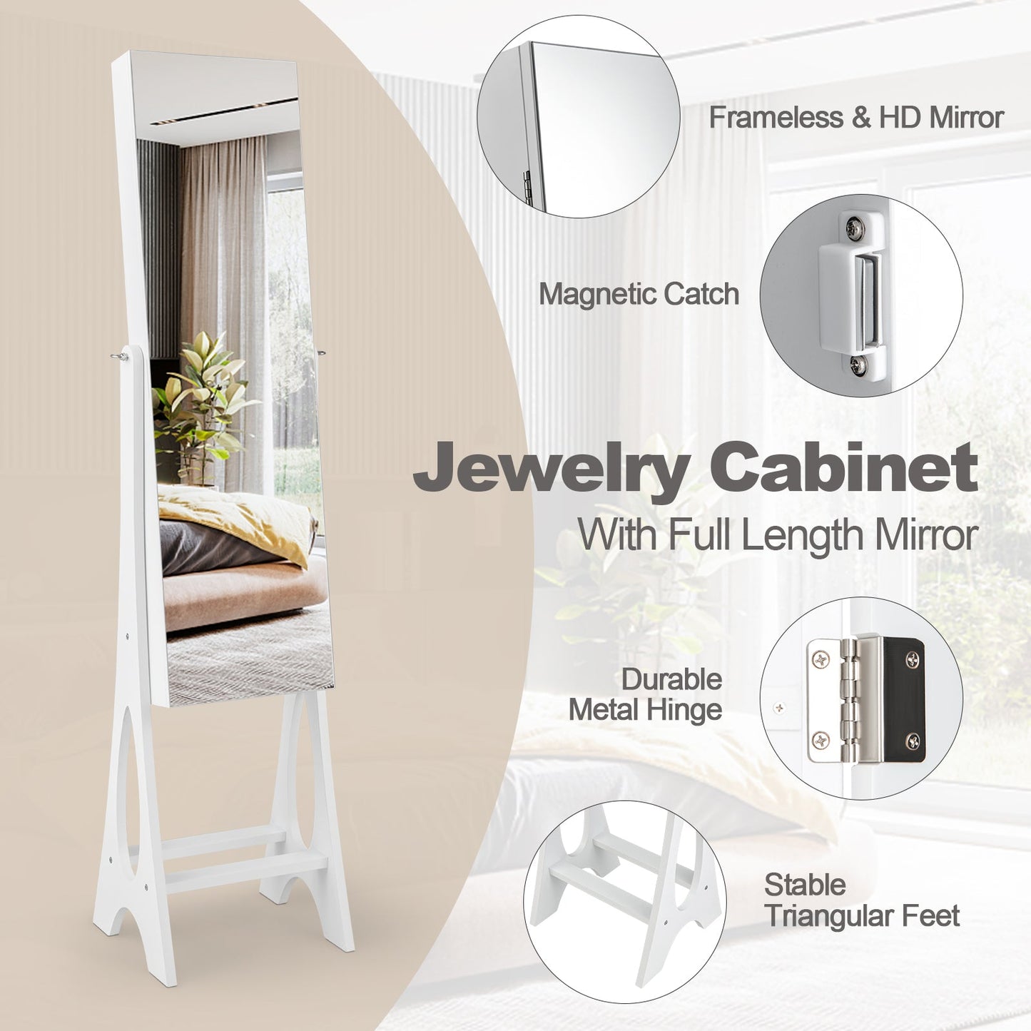 Freestanding Jewelry Cabinet Armoire Organizer with Bevel Edge Mirror-White