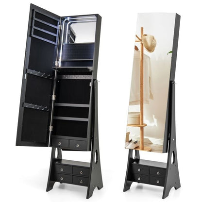 3-Color LED Lighted Jewelry Cabinet with Full-Length Mirror and Adjustable Tilt Angles-Black