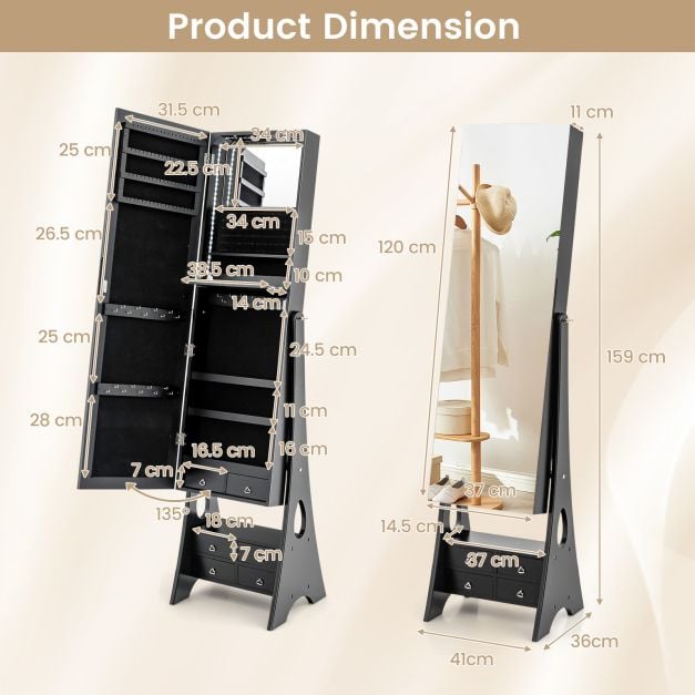 3-Color LED Lighted Jewelry Cabinet with Full-Length Mirror and Adjustable Tilt Angles-Black