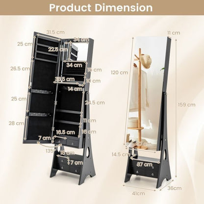 3-Color LED Lighted Jewelry Cabinet with Full-Length Mirror and Adjustable Tilt Angles-Black