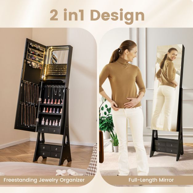 3-Color LED Lighted Jewelry Cabinet with Full-Length Mirror and Adjustable Tilt Angles-Black