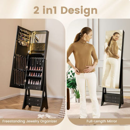3-Color LED Lighted Jewelry Cabinet with Full-Length Mirror and Adjustable Tilt Angles-Black