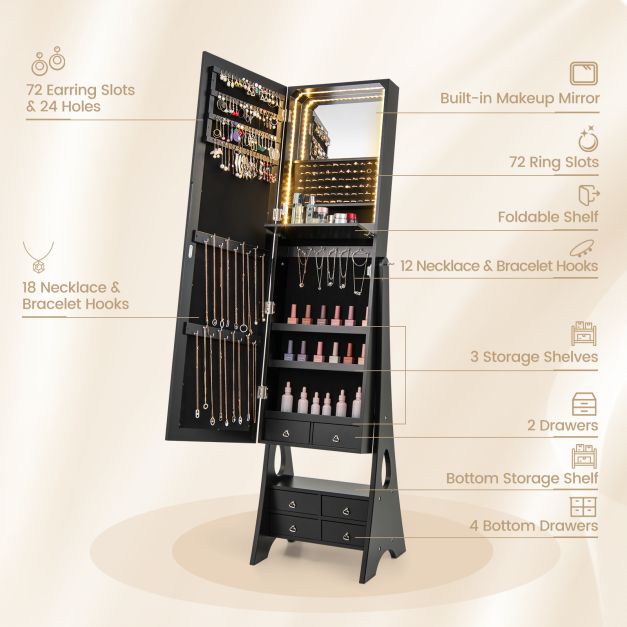 3-Color LED Lighted Jewelry Cabinet with Full-Length Mirror and Adjustable Tilt Angles-Black