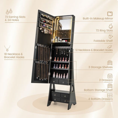 3-Color LED Lighted Jewelry Cabinet with Full-Length Mirror and Adjustable Tilt Angles-Black