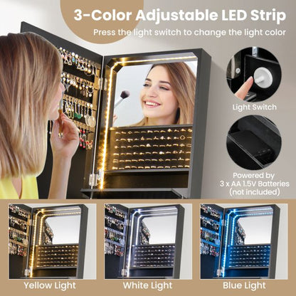 3-Color LED Lighted Jewelry Cabinet with Full-Length Mirror and Adjustable Tilt Angles-Black