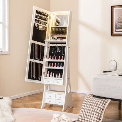 3-Color LED Lighted Jewelry Cabinet with Full-Length Mirror and Adjustable Tilt Angles-White
