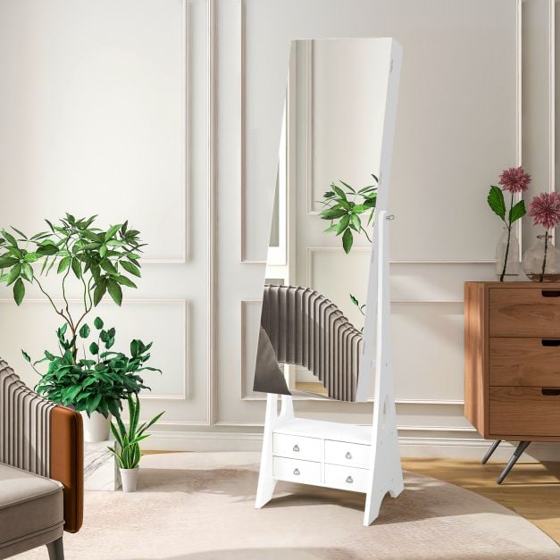 3-Color LED Lighted Jewelry Cabinet with Full-Length Mirror and Adjustable Tilt Angles-White