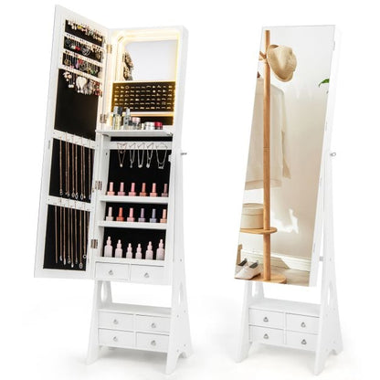 3-Color LED Lighted Jewelry Cabinet with Full-Length Mirror and Adjustable Tilt Angles-White