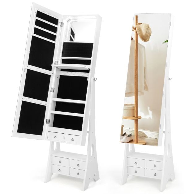 3-Color LED Lighted Jewelry Cabinet with Full-Length Mirror and Adjustable Tilt Angles-White