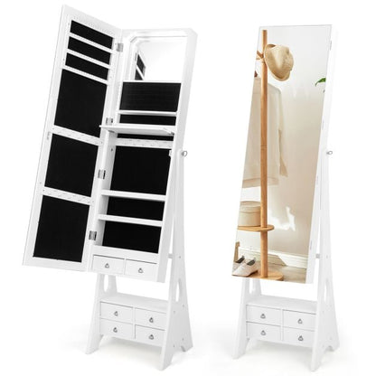 3-Color LED Lighted Jewelry Cabinet with Full-Length Mirror and Adjustable Tilt Angles-White