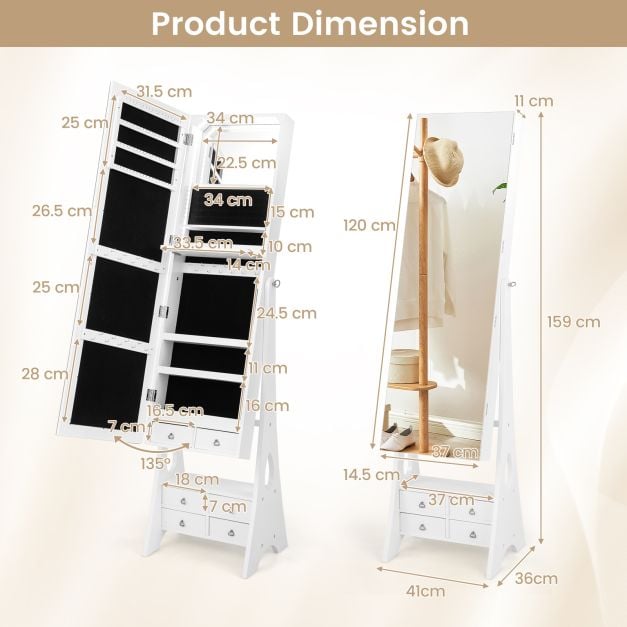 3-Color LED Lighted Jewelry Cabinet with Full-Length Mirror and Adjustable Tilt Angles-White