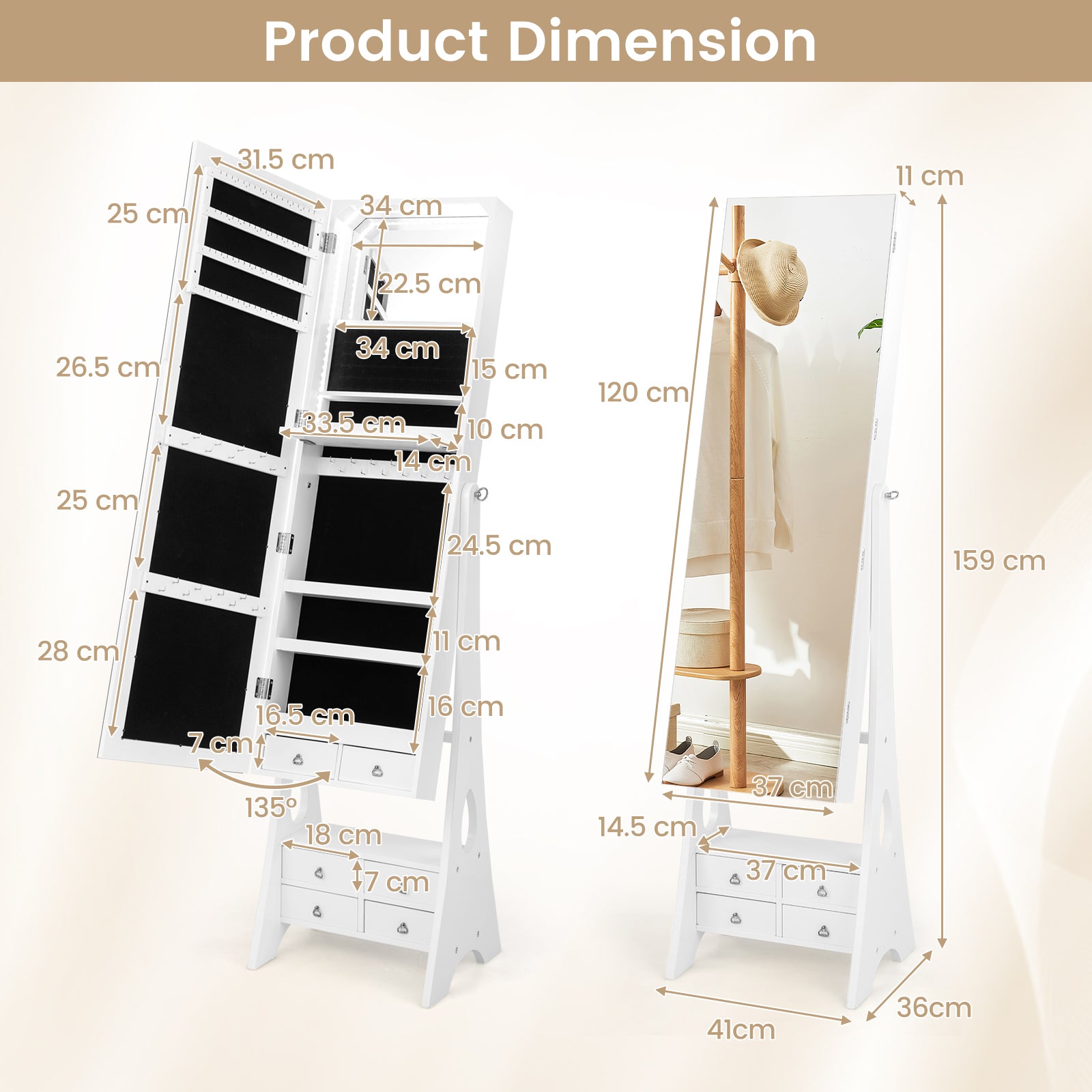 3-Color LED Lighted Jewelry Cabinet with Full-Length Mirror and Adjustable Tilt Angles-White