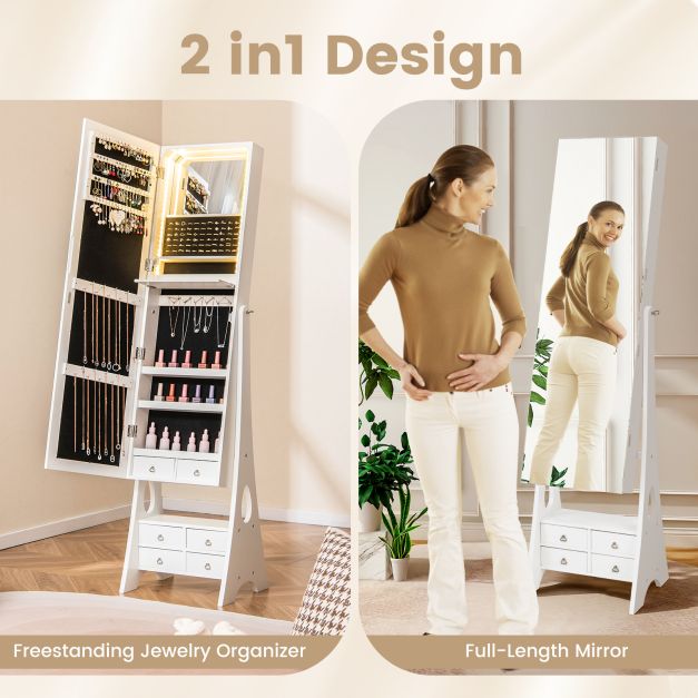 3-Color LED Lighted Jewelry Cabinet with Full-Length Mirror and Adjustable Tilt Angles-White